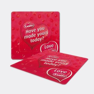 a red gift card with white text