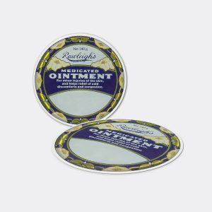 a round blue and white container with white text